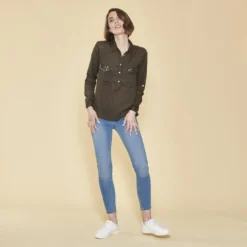 3 SUISSESBlouse manches longues poches poitrine avec sequins femme - Kaki en viscose