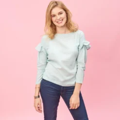 3 SUISSESBlouse manches longues et volants femme - Vert en coton