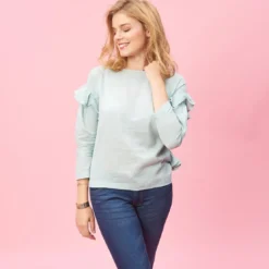 3 SUISSESBlouse manches longues et volants femme - Vert en coton