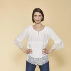 3 SUISSESBlouse manches 3/4 pans froncés et volants femme - écru blanc en viscose