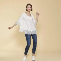 3 SUISSESBlouse manches 3/4 pans froncés et volants femme - écru blanc en viscose