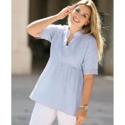 3 SUISSESBlouse rayée manches courtes col mao femme - Autres