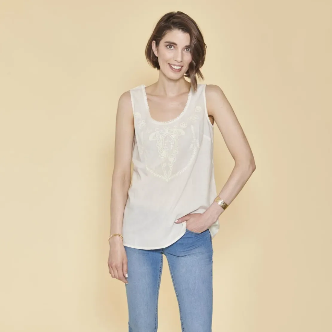 3 SUISSESBlouse sans manche col rond femme - Blanc en coton
