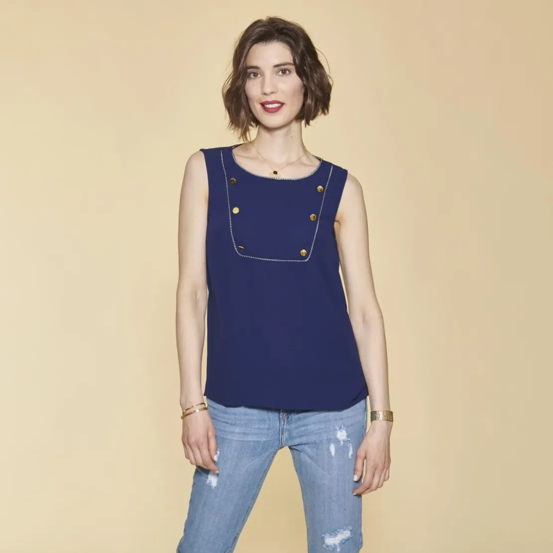 3 SUISSESBlouse Sans Manche Rubans Et B bleu en coton
