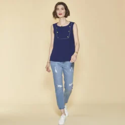 3 SUISSESBlouse Sans Manche Rubans Et B bleu en coton
