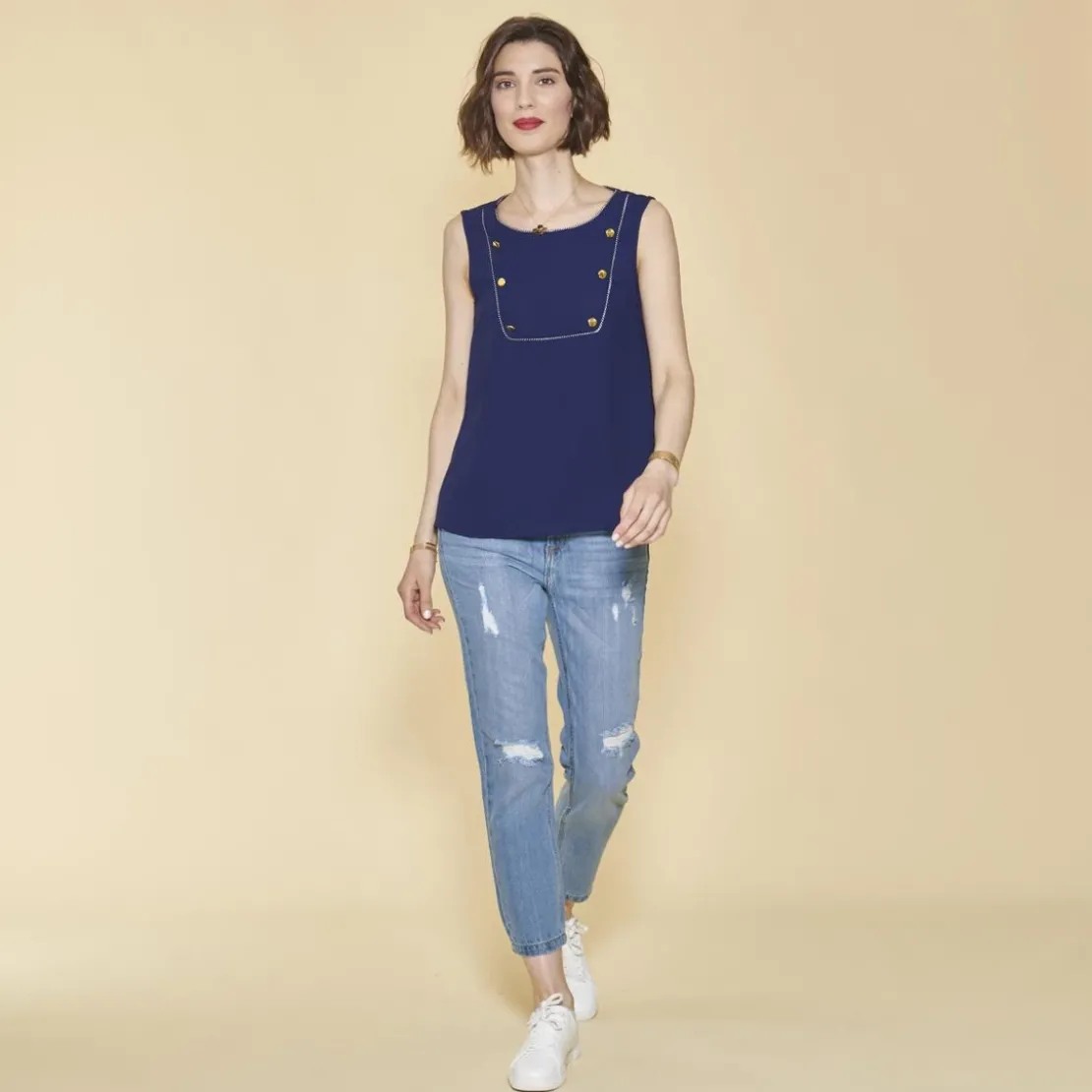 3 SUISSESBlouse Sans Manche Rubans Et B bleu en coton