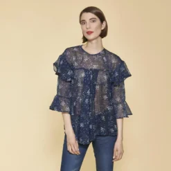 3 SUISSESBlouse semi-transparente manches 3/4 volants ouverture dos femme - Imprimé Bleu Marine