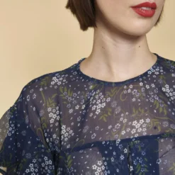 3 SUISSESBlouse semi-transparente manches 3/4 volants ouverture dos femme - Imprimé Bleu Marine
