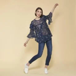 3 SUISSESBlouse semi-transparente manches 3/4 volants ouverture dos femme - Imprimé Bleu Marine