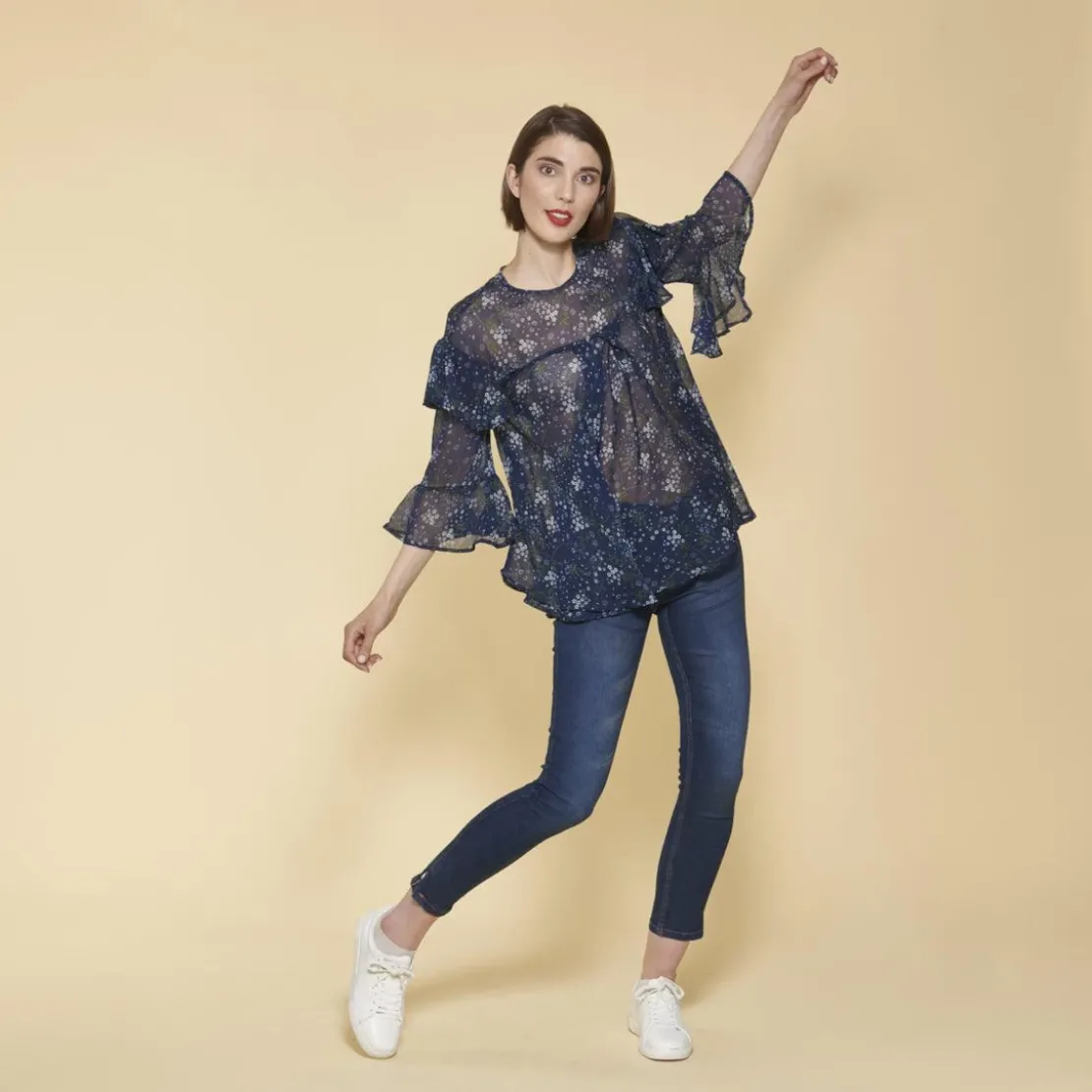 3 SUISSESBlouse semi-transparente manches 3/4 volants ouverture dos femme - Imprimé Bleu Marine