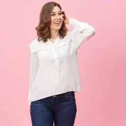 3 SUISSESBlouse volants manches longues asymétrique femme - Blanc