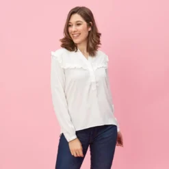 3 SUISSESBlouse volants manches longues asymétrique femme - Blanc