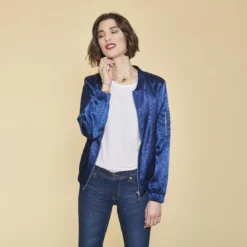 3 SUISSESBomber manches longues finitions en côtes femme - Bleu