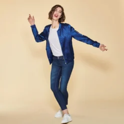 3 SUISSESBomber manches longues finitions en côtes femme - Bleu