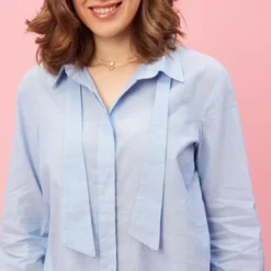 3 SUISSESChemise manches longues rubans effet cravate femme - Bleu en coton