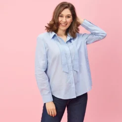 3 SUISSESChemise manches longues rubans effet cravate femme - Bleu en coton