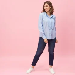 3 SUISSESChemise manches longues rubans effet cravate femme - Bleu en coton
