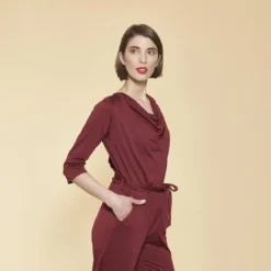 3 SUISSESCombinaison manches 3/4 taille élastique dos en V femme - Rouge Grenat