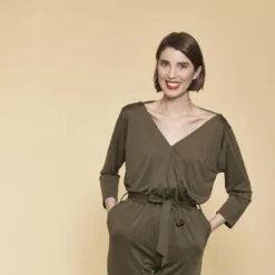 3 SUISSESCombinaison manches 3/4 taille élastique dos en V femme - kaki foncé