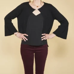 3 SUISSESGilet fermé par broche manches longues évasées femme - Noir en viscose