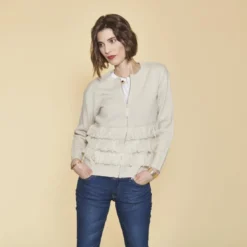 3 SUISSESGilet zippé manches longues et franges devant femme - Ivoire blanc