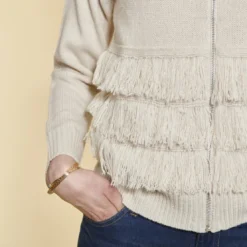 3 SUISSESGilet zippé manches longues et franges devant femme - Ivoire blanc
