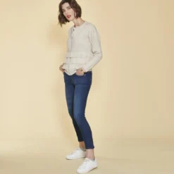 3 SUISSESGilet zippé manches longues et franges devant femme - Ivoire blanc