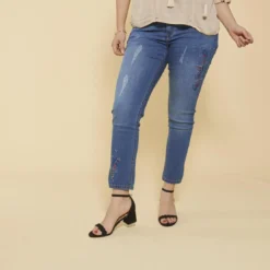 3 SUISSESJean coupe 5 poches aspect délavé déchirures et broderie grandes tailles femme - Bleu en coton