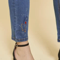 3 SUISSESJean coupe 5 poches aspect délavé déchirures et broderie grandes tailles femme - Bleu en coton