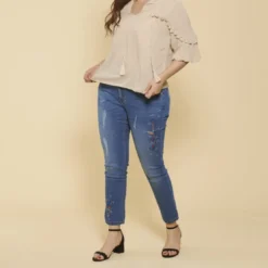 3 SUISSESJean coupe 5 poches aspect délavé déchirures et broderie grandes tailles femme - Bleu en coton