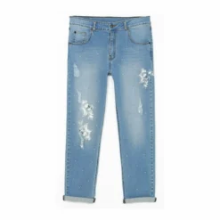 3 SUISSESJean 5 poches délavé déchirures et pierres femme - Bleu en coton