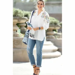 3 SUISSESJean 5 poches délavé déchirures et pierres femme - Bleu en coton