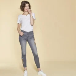 3 SUISSESJean skinny avec broderie et déchirures femme - gris foncé en coton