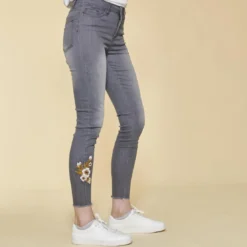3 SUISSESJean skinny avec broderie et déchirures femme - gris foncé en coton
