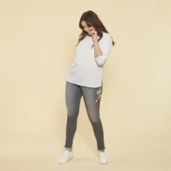 3 SUISSESJean skinny avec broderie et déchirures femme - gris foncé en coton