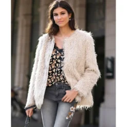 3 SUISSESManteau fourrure synthétique manches longues femme - Sable beige