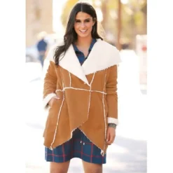 3 SUISSESManteau intérieur fourrure synthétique bas en pointes grandes tailles femme - Camel beige
