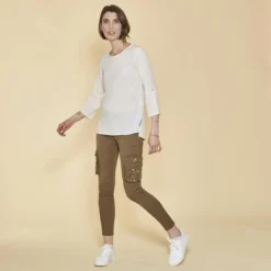 3 SUISSESPantalon cargo sur chevilles poches latérales et coutures genoux femme - Kaki vert en coton