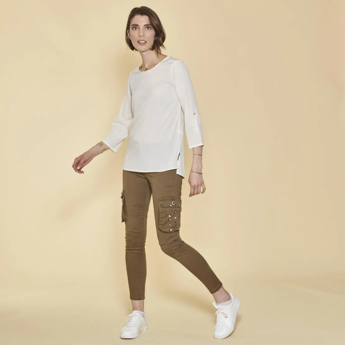 3 SUISSESPantalon cargo sur chevilles poches latérales et coutures genoux femme - Kaki vert en coton