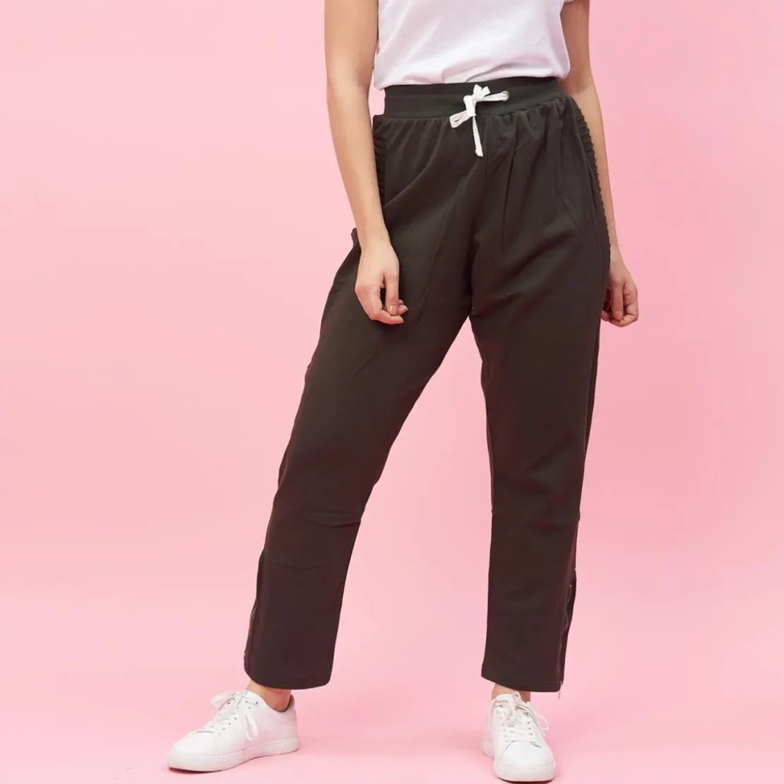 3 SUISSESPantalon taille en côtes élastiques bas zippés grandes taille femme - Vert Foncé