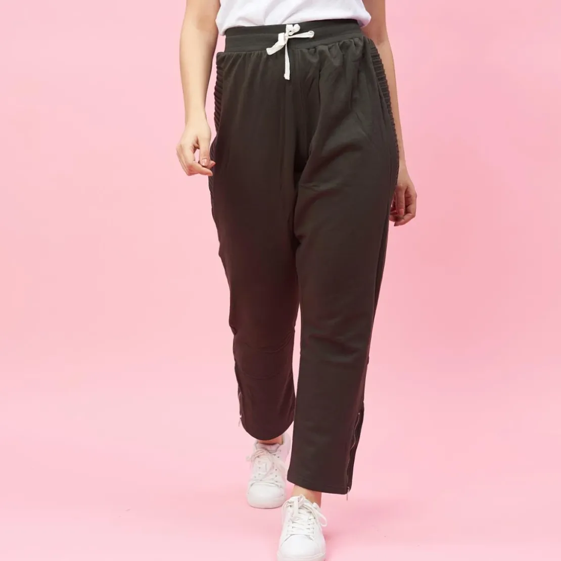 3 SUISSESPantalon taille en côtes élastiques bas zippés grandes taille femme - Vert Foncé