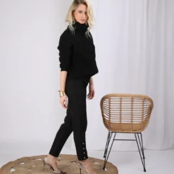3 SUISSESPantalon taille élastique bas fermés par perles fantaisie femme - Noir