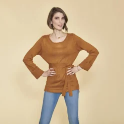 3 SUISSESPull asymétrique col bateau manches longues et ceinture femme - Marron en viscose