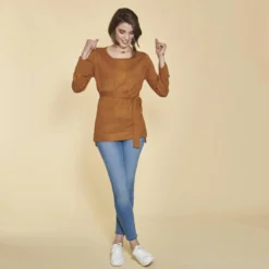 3 SUISSESPull asymétrique col bateau manches longues et ceinture femme - Marron en viscose