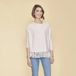 3 SUISSESPull col bateau manches longues franges sur bas femme - Peau beige