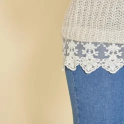 3 SUISSESPull col à revers manches longues dentelle sur bas femme - Ivoire blanc