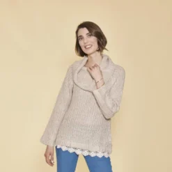 3 SUISSESPull col à revers manches longues dentelle sur bas femme - Rose Clair