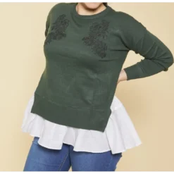 3 SUISSESPull effet 2 en 1 manches longues tissu contrasté et guipure grandes tailles femme - Vert Bouteille