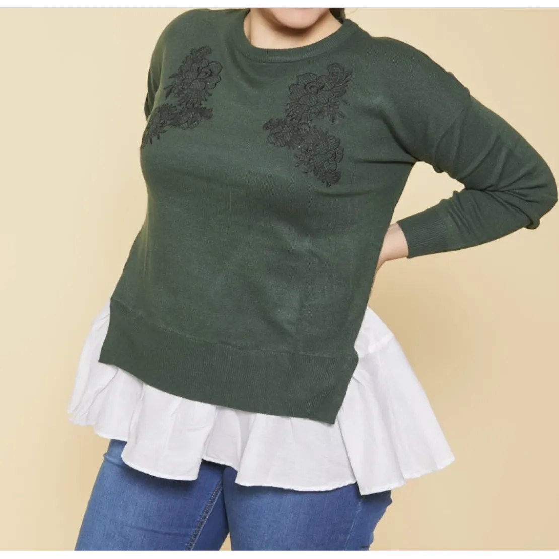 3 SUISSESPull effet 2 en 1 manches longues tissu contrasté et guipure grandes tailles femme - Vert Bouteille