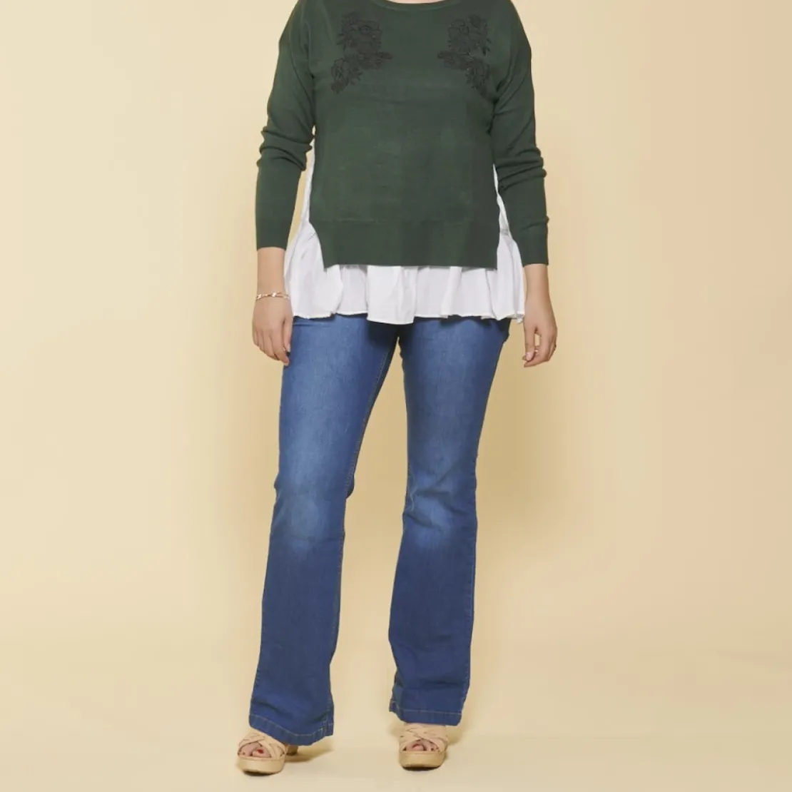 3 SUISSESPull effet 2 en 1 manches longues tissu contrasté et guipure grandes tailles femme - Vert Bouteille